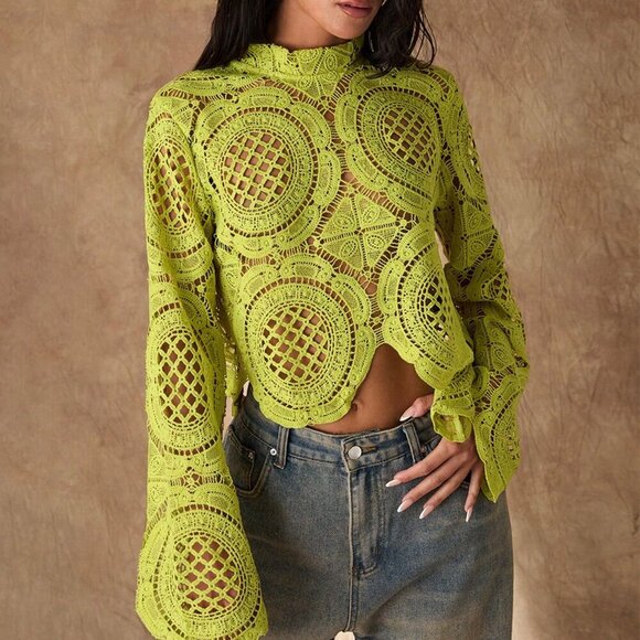Tops - Green Boho Womens Long Sleeve Sheer Hollow Out Flower Inlay Blouse